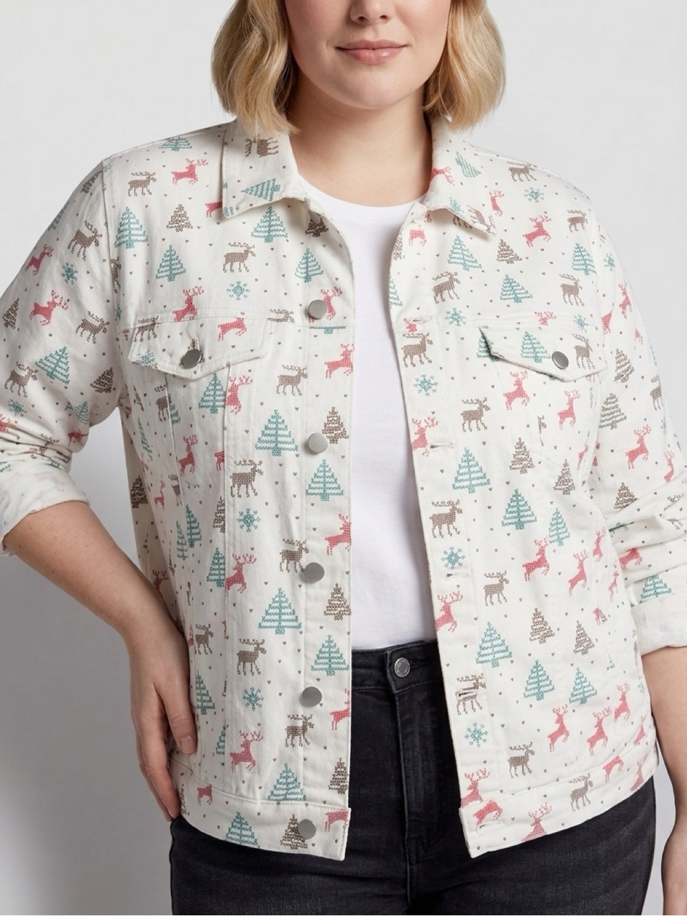 White Denim Jacket Christmas Print Jean Jacket - Women's Festive Denim XL